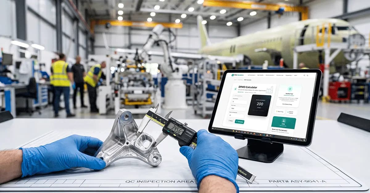A quality control inspector in an aerospace manufacturing facility wearing blue gloves uses a digital caliper to measure a precision metal part, while a tablet displays the DPMO Calculator computing the Six Sigma defect rate.
