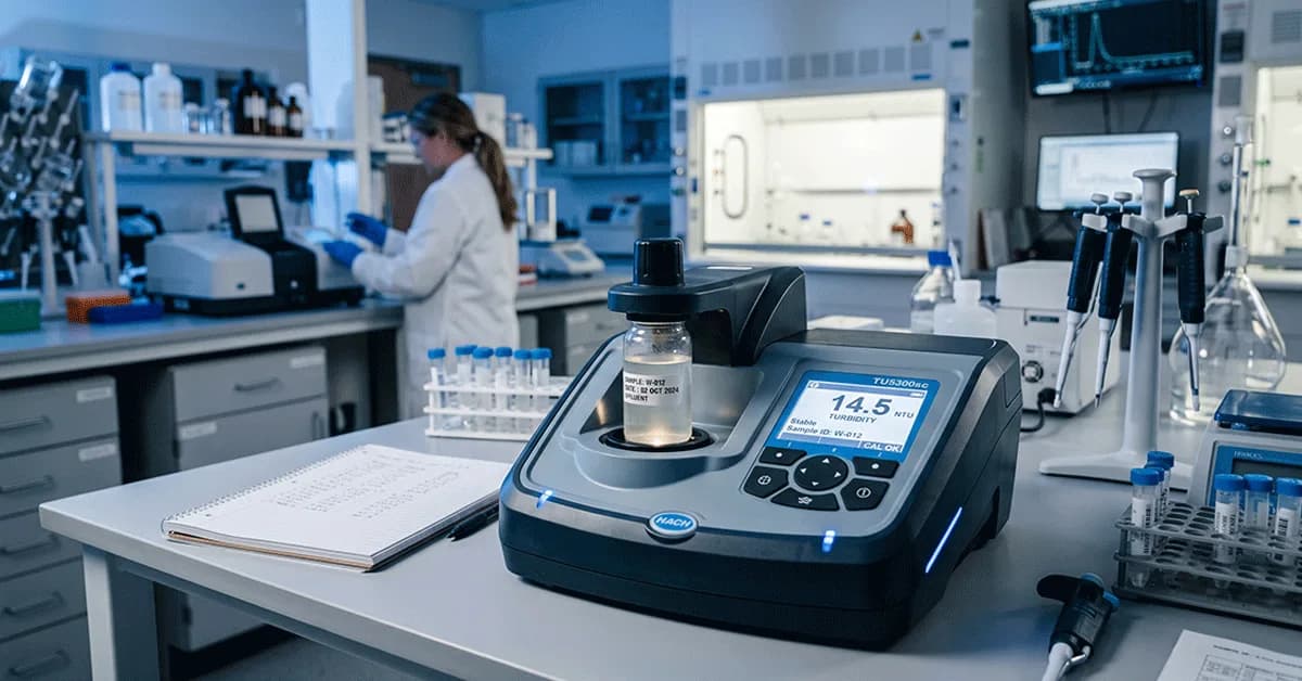 A highly precise digital nephelometer testing a water sample in a glass vial to measure turbidity in NTU for a Total Suspended Solids conversion.