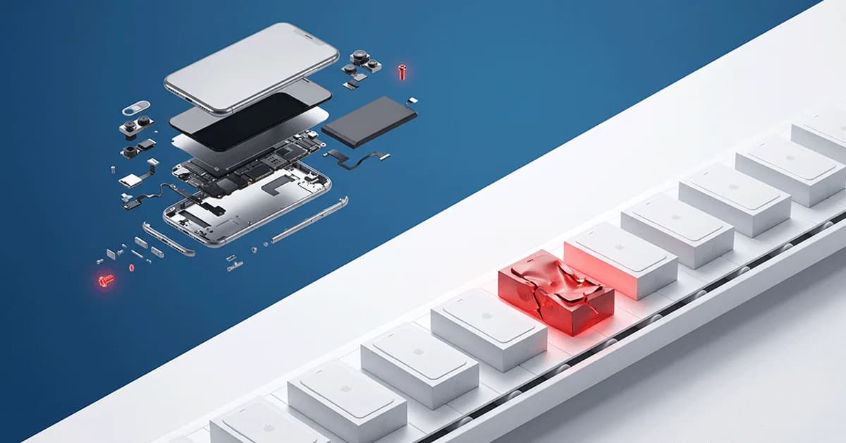 DPMO vs PPM in Six Sigma comparison: A 3D illustration showing individual defects (DPMO) in a disassembled smartphone versus a defective whole unit (PPM) on a manufacturing conveyor belt.