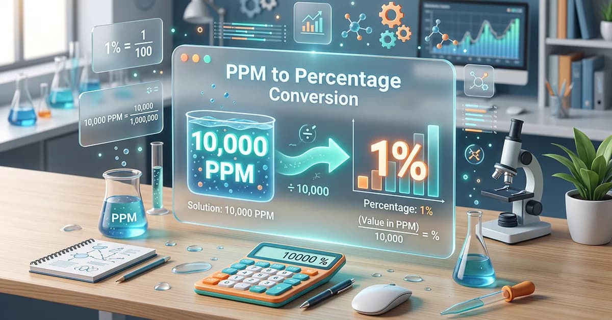 A 3D educational illustration showing how to convert ppm to percent. The visual demonstrates the ppm to percentage formula by dividing 10000ppm to percent, resulting in a 1% conversion on a modern glass UI panel.