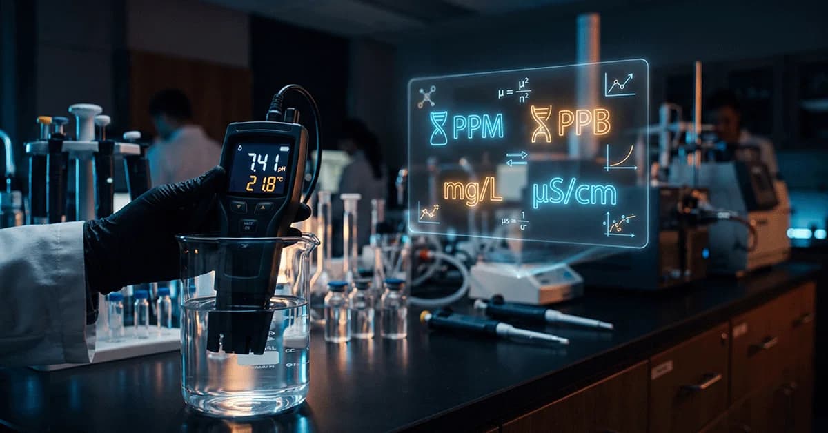 A digital water testing meter measuring liquid concentration, featuring a glowing holographic PPM conversion chart and unit table for accurately calculating Parts Per Million (PPM), PPB, and mg/L.