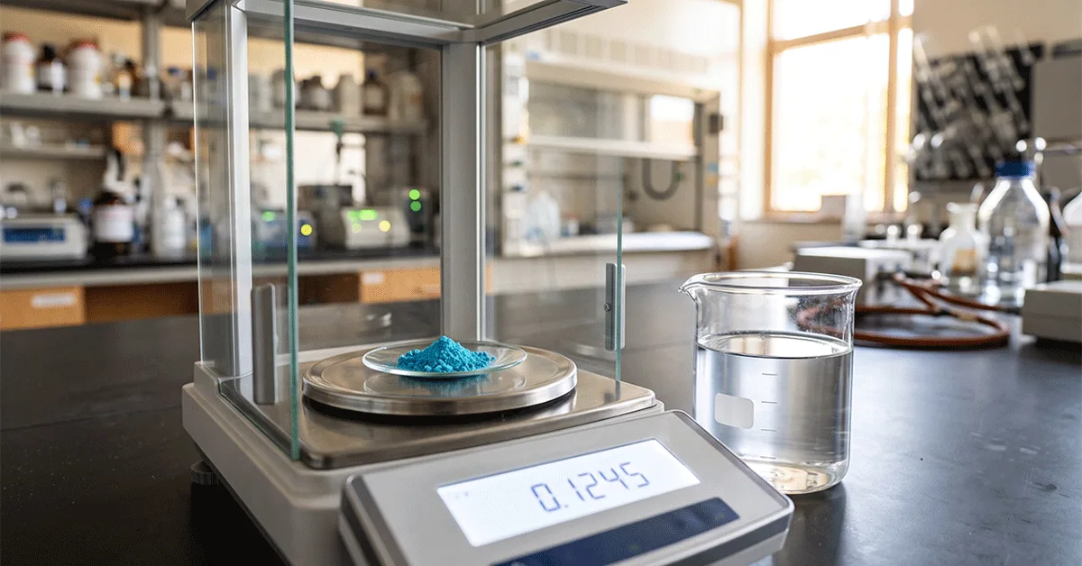 Precision digital scale displaying 0.1245 grams of cyan chemical powder, visually representing how to convert ppm to g using our ppm to grams calculator and mass conversion formula